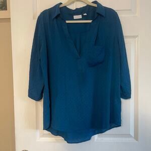 New York and Company Womens Blouse Teal Micro Polka Dot Collared Size XL